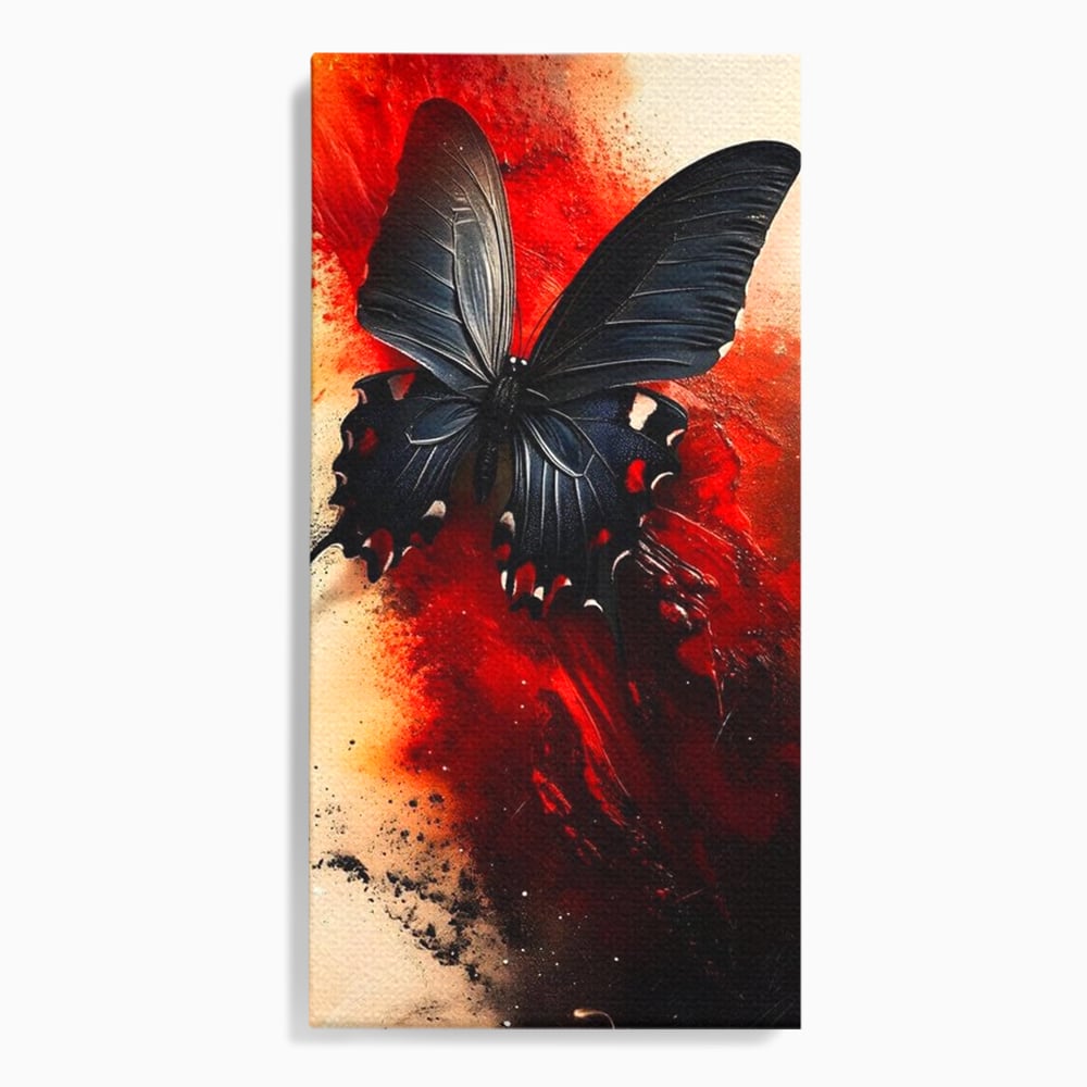 Tablou canvas cu tablou canvas cu fluture negru si fundal rosu, fara rama, pe sasiu de lemn